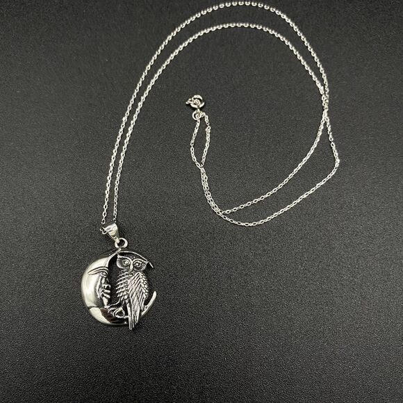Owl And Moon Sterling Silver Pendant Necklace - Picture 1 of 6